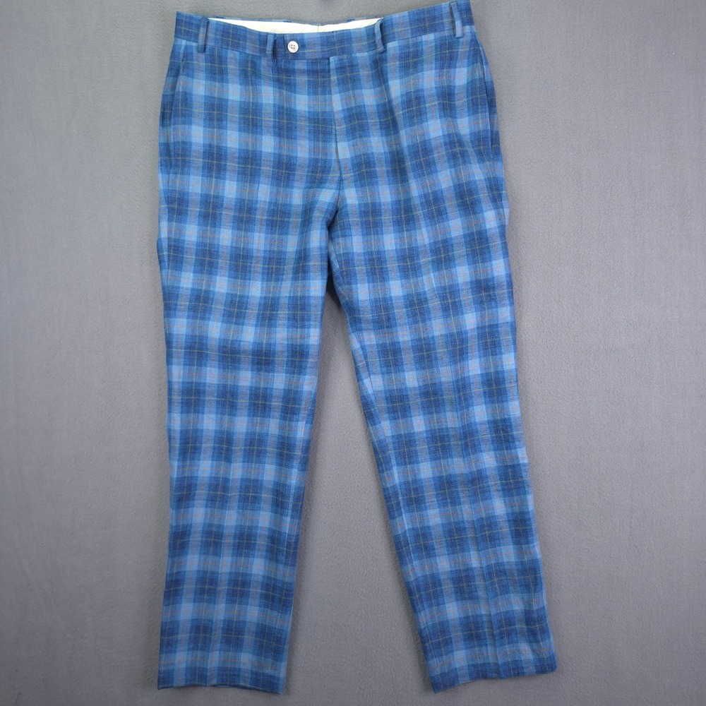 Lauren Ralph Lauren Pants Plaid Blue 35x32 Linen Flat Front Dress Trousers